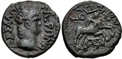 THESSALY, Koinon of Thessaly. Nero. AD 54-68. Æ Trihemiassarion(?) (20mm, 7.02 g, 6h). Aristion, strategos. NEPΩN Θ-EΣΣAΛΩN, laureate head right / API-ΣTIΩN/OΣ, Taurokathapsia scene: The hero Thessalo