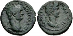 THESSALY, Koinon of Thessaly. Domitian, with Domitia. AD 81-96. Æ Diassarion (19mm, 5.92 g, 12h). Δ[OMITIANΩN] KAIC-APA ΘЄCAΛOI, laureate head of Domitian right / ΔOMITIA CЄBACTH , draped bust of Domi