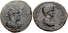 THESSALY, Koinon of Thessaly. Septimius Severus, with Geta as Caesar. AD 193-211. Æ Tetrassarion (28mm, 10.94 g, 8h). • Λ • CЄΠ • C[ЄBHPOC?] Π, laureate, draped, and cuirassed bust of Septimius right 