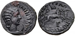 THESSALY, Koinon of Thessaly. Salonina. Augusta, AD 254-268. Æ Triassarion (20mm, 4.80 g, 6h). [KOPN CA]ΛΩNINA AVΓ, draped bust right, wearing stephanos, set on crescent / ΘЄCCAΛΩ/N KOINON, Nike, hold