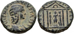 JUDAEA, Sebaste. Julia Soaemias. Augusta, 218-222 CE. Æ (23mm, 12.66 g, 8h). Draped bust right / Capitoline Triad (Juno, Jupiter, and Athena) standing within tetrastyle temple façade; wreath in pedime