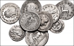 ROMAN. Imperial. Lot of nine (9) silver coins from Elagabalus to Valentinian I. Antoniniani: Elagabalus // Gordian III // Philip I (3) // Philip II // Trajan Decius // Siliquae: Julian II // Valentini