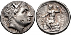 KINGS of MACEDON. Demetrios I Poliorketes. 306-283 BC. AR Tetradrachm (27mm, 17.26 g, 12h). Amphipolis mint. Struck circa 292-291 BC. Diademed and horned head right / Poseidon seated left on rock, hol