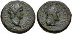 LYDIA, Sardis. Nero. AD 54-68. Æ (17mm, 3.42 g, 6h). Laureate head of Nero right / Laureate head of Hercules right, lion skin tied around his neck. RPC I 3009; SNG von Aulock 3145. VF, green patina.