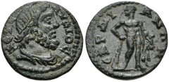LYDIA, Sardis. Pseudo-autonomous issue. temp. Caracalla, circa AD 212-217. Æ (15mm, 1.70 g, 6h). Diademed and draped bust of Zeus Lydios right / Herakles standing facing, head left, leaning on club an