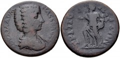 LYDIA, Tripolis. Julia Domna. Augusta, AD 193-217. Æ (29mm, 15.01 g, 12h). Draped bust right / Leto advancing left, head right, carrying the infants Artemis and Apollo. SNG Copenhagen –; SNG von Auloc
