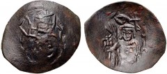 BULGARIA, Second Empire. Mico Asen. 1256–1257. Æ Trachy (30mm, 3.00 g, 6h). Facing bust of St. Nikolai, raising hand in benediction and holding Gospels / Half-length facing bust of Mico Asen, holding 