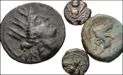 GREEK. Miscellaneous. Lot of four (4) silver and bronze coins. Includes: AKARNANIA, Leukas. Æ 15mm. Bellerophon on Pegasos / Chimaira // IONIA, Ephesus. AR Diobol. Bee / Two stag’s heads // Same. Æ 10