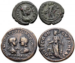 ROMAN. Provincial. Lot of two (2) bronze coins of Tomis in Moesia Inferior. Includes: Julia Paula. Æ 21mm. Hermes standing left // Gordian III and Tranquillina. Æ 28mm. Nemesis standing left. Both VF.