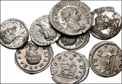 ROMAN. Imperial. Lot of eight (8) mostly AR Denarii of the Severan Dynasty. All denarii unless otherwise noted. Includes: Septimius Severus (3) // Caracalla (2 total: 1 Denarius, 1 Antoninianus) // Ge