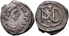 Justinian I. 527-565. AR Half Siliqua (11mm, 1.08 g, 6h). Carthage mint. Struck 537-552. Diademed, draped, and cuirassed bust right / Monogram; cross above, retrograde ς below. DOC -; MIBE 53 var. (ς 