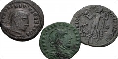 ROMAN. Imperial. Lot of three (3) barbarous Æ Folles. Includes imitations of: Licinius I. ‘Iovi Conservatori’ type // Constantine I. ‘Victories holding shield over altar’ type (2). VF, a few cleaning 