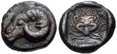 TROAS, Kebren. 5th century BC. AR Obol (8mm, 0.62 g, 1h). Ram's head left / Facing gorgoneion within incuse square. SNG Ashmolean –; SNG München –; SNG Copenhagen –; cf. SNG von Aulock 7619 (hemidrach