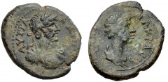 LYDIA, Nacrasa. Hadrian. AD 117-138. Æ (16mm, 2.10 g, 6h). Laureate, draped, and cuirassed bust of Hadrian right / Draped bust of Demos(?) right. BMC 19. Near VF, pale green patina.