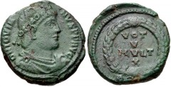 Jovian. AD 363-364. Æ (21mm, 5.72 g, 6h). Sirmium mint, 2nd officina. Pearl-diademed, draped, and cuirassed bust right / VOT/ V/ MVLT/ X in four lines within wreath; BS[IRM]. RIC VIII 118; LRBC 1623. 