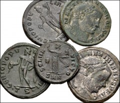 ROMAN. Imperial. Lot of five (5) Æ Folles from Maximianus to Licinius I. Includes: Maximianus (3) // Galerius // Licinius I. Good Fine to VF, traces of silvering on a few. LOT SOLD AS IS, NO RETURNS. 