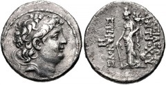 SELEUKID KINGS of SYRIA. Antiochos Epiphanes. Usurper, 128 BC. AR Tetradrachm (27mm, 15.98 g, 12h). Antioch mint. Diademed head right / Tyche standing left, holding scepter and cornucopia; Σ to outer 