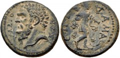 LYDIA, Silandus. Pseudo-autonomous issue. temp. Septimius Severus, AD 193-211. Æ (19mm, 4.35 g, 6h). Damas, magistrate. Bearded head of Hercules left / Omphale advancing right, wearing Hercules’ lion 