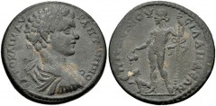 LYDIA, Silandus. Caracalla. AD 198-217. Æ (29mm, 11.95 g, 6h). Helenos, magistrate. Laureate, draped, and cuirassed bust right / Dionysus standing left, holding cantharus over panther in right hand, f