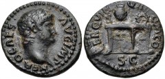 Nero. AD 54-68. Æ Semis (18mm, 3.41 g, 6h). Rome mint. Struck circa AD 64. Laureate head right / Table seen from three-quarter angle, bearing urn and wreath; round shield resting against table leg, S 