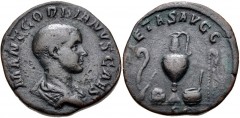 Gordian III. As Caesar, AD 238. Æ Sestertius (29mm, 18.70 g, 1h). Rome mint. 1st emission of Balbinus and Pupienus, circa April-June AD 238. Bareheaded and draped bust right / Emblems of the pontifica