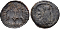Justin I & Justinian I. 527. Æ Pentanummium (12mm, 2.07 g, 6h). Antioch mint. Diademed, draped, and cuirassed busts of Justin and Justinian facing / Tyche of Antioch seated right; Э to left; all withi