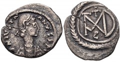 Justinian I. 527-565. AR Half Siliqua (14mm, 1.06 g, 4h). Carthage mint. Struck 537-552. Diademed, draped, and cuirassed bust right / Monogram; cross above, retrograde ς below. DOC –; MIBE 53 var. (ς 