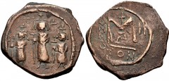Heraclius, with Martina and Heraclius Constantine. 610-641. Æ Follis (30mm, 10.68 g, 6h). Contemporary imitation of a Constantinople mint issue dated RY 2 (611/2), 4th “officina”. Heraclius, in center