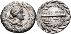 MACEDON (Roman Protectorate), Republican period. First Meris. Circa 167-149 BC. AR Tetradrachm (30mm, 16.88 g, 9h). Amphipolis mint. Diademed and draped bust of Artemis right, bow and quiver over shou