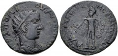 CILICIA, Lamus. Valerian I. AD 253-260. Æ (24mm, 7.55 g, 6h). Radiate and draped bust right / Apollo standing left, nude but for cloak over shoulder, holding arrow and bow. Levante, Lamos 3c = SNG Lev