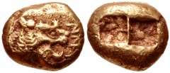 KINGS of LYDIA. Alyattes. Circa 610-560 BC. EL Trite – Third Stater (13mm, 4.76 g). Sardes mint. Confronted lion’s heads (only the left is visible); walwet (partially off flan) between / Two incuse sq