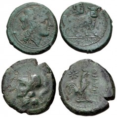 GREEK. Magna Graecia & Sicily. Lot of two (2) Campanian bronze coins. Includes: Cales. Laureate head of Apollo right / Man-headed bull standing right; lyre above. HN 436 // Teanum Sidicinum. Æ. Helmet