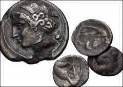 GREEK. Magna Graecia & Sicily. Lotof four (4) coins of Neapolis and Herakleia. Includes: Neapolis. Fourrée Nomos // Herakleia. AR Diobol (3). Fair, toned, large breaks in the plating of the fourrée. L