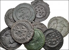 ROMAN. Imperial. Lot of nine (9) bronze coins of Julian II and Jovian. Includes: Julian II. Æ. Helmeted and cuirassed bust left, holding spear and shield / Legend within wreath (8) // Jovian. Æ. Diade