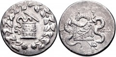 LYDIA, Tralleis. Circa 166-67 BC. AR Tetradrachm (28mm, 12.68 g, 12h). Cistophoric type. Cista mystica with serpent; all within ivy wreath / Two serpents entwined around bow and bowcase; TPA to left, 
