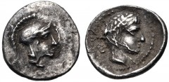 DYNASTS of LYCIA. Vekhssere I. Circa 450-430/20 BC. AR Obol (8mm, 0.32 g, 9h). Xanthos mint. Helmeted head of Athena right / Laureate head of Apollo right; diskeles to left. Cf. MAL I 63 = Falghera 16