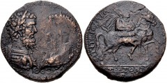 CARIA, Stratonicaea. Septimius Severus, with Geta. AD 193-211. Æ (34mm, 25.56 g, 6h). Hierocleus, prytanis. Struck AD 209–211. Confronted busts of Septimius right and [Geta] left, each laureate and cu