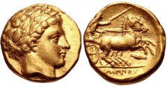 KINGS of MACEDON. temp. Philip II – Alexander III. Circa 340/36-328 BC. AV Stater (16mm, 8.58 g, 1h). In the name and types of Philip II. Amphipolis mint. Laureate head of Apollo right / Charioteer dr
