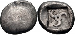 DYNASTS of LYCIA. Uncertain dynast. Circa 500-470/60 BC. AR Stater (18mm, 8.04 g). Uncertain type / Triskeles within dotted square within incuse square; letters in fields. Cf. SNG Copenhagen Supp. 373
