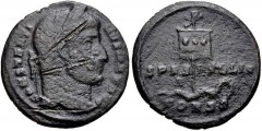 Constantine I. AD 307/310-337. Æ Follis (18mm, 2.88 g, 6h). Constantinople mint, 1st officina. Struck AD 327. Laureate head right / SPES PVBLIC, labarum, with three medallions on drapery and surmounte