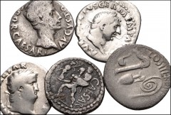 ROMAN. Republican-Imperial. Lot of five (5) AR Denarii from Julius Caesar to Vitellius. Includes: REPUBLICAN: Julius Caesar // Octavian // IMPERIAL: Augustus // Nero // Vitellius. Average Fine, some w