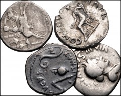 ROMAN. Republican-Imperial. Lot of four (4) AR Denarii from Julius Caesar to Vitellius. Includes: REPUBLICAN: Julius Caesar // IMPERIAL: Augustus (2) // Vitellius. Fine to Good Fine, the Vitellius too