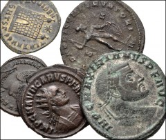 ROMAN. Imperial. Lot of five (5) bronze coins from Carus to Constantine I. Includes: Carus. Antoninianus // Maximian. Æ Follis // Helena. Æ Follis // Constantine I, as Caesar. Æ Follis // Constantine 