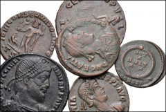 ROMAN. Imperial. Lot of six (6) bronze coins from Diocletian to Gratian. Includes: Diocletian // Constantine I // Julian II. Bull reverse // Julian II. Votive reverse // Gratian (2). Average Good VF. 