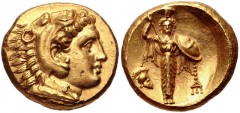 MYSIA, Pergamon. Mid-late 330s BC. AV Stater (18mm, 8.62 g, 12h). Head of Herakles right, wearing lion skin / Archaistic Palladion: statue of Pallas Athena standing facing, holding spear aloft in righ