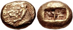KINGS of LYDIA. Alyattes. Circa 610-560 BC. EL 1/3 Stater – Trite (13mm, 4.65 g). Sardes mint. Confronted lion’s heads (only the left is visible); walwet (partially off flan) between / Double incuse s
