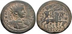 CILICIA, Seleucia ad Calycadnum. Severus Alexander. AD 222-235. Æ (31mm, 14.63 g, 12h). Radiate and cuirassed bust right; c/m: annulet within Δ within triangular incuse / Dionysus, his panther skin ov