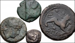 GREEK. Magna Graecia & Sicily. Lot of four (4) bronze and silver coins. Includes: Campania, Phistelia. AR Obol. SNG ANS 584-7 // Campania, Neapolis. Æ 15mm. HN Italy 570 // Campania, Neapolis. Æ 17mm.