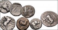 GREEK. Miscellaneous. Lot of seven (7) mostly silver coins from Thrace to Argolis. Includes: THRACE, Chersonessos. AR Hemidrachm // THRACE, Maroneia. Æ 13mm // ILLYRIA, Dyrrachaion. AR Drachm // THESS