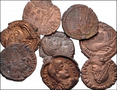 ROMAN. Imperial. Lot of sixty-four (64) bronze coins of Valens, Valentinian I, and Gratian. Includes: various types, mostly from the Siscia mint. Average VF, patinas stripped, porosity. LOT SOLD AS IS